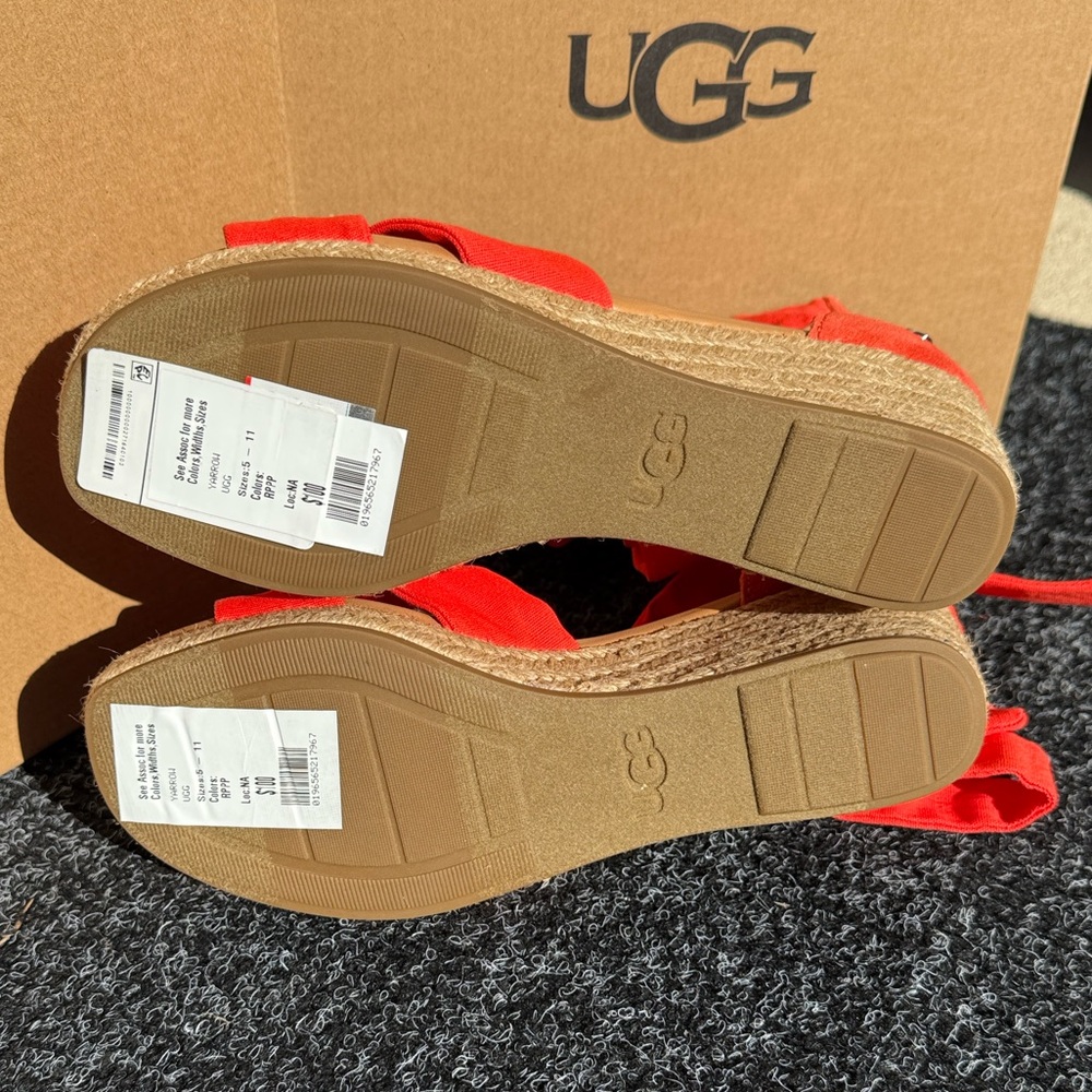 UGG Yarrow Espadrille Wedge Sandal Coral Suede Ankle Tie - Picture 14 of 14